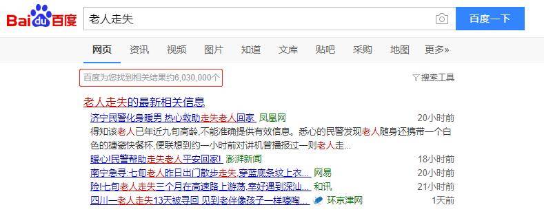 严重，光是在百度搜索关键词“老人走失”就可以得到超过六百万条结果。
