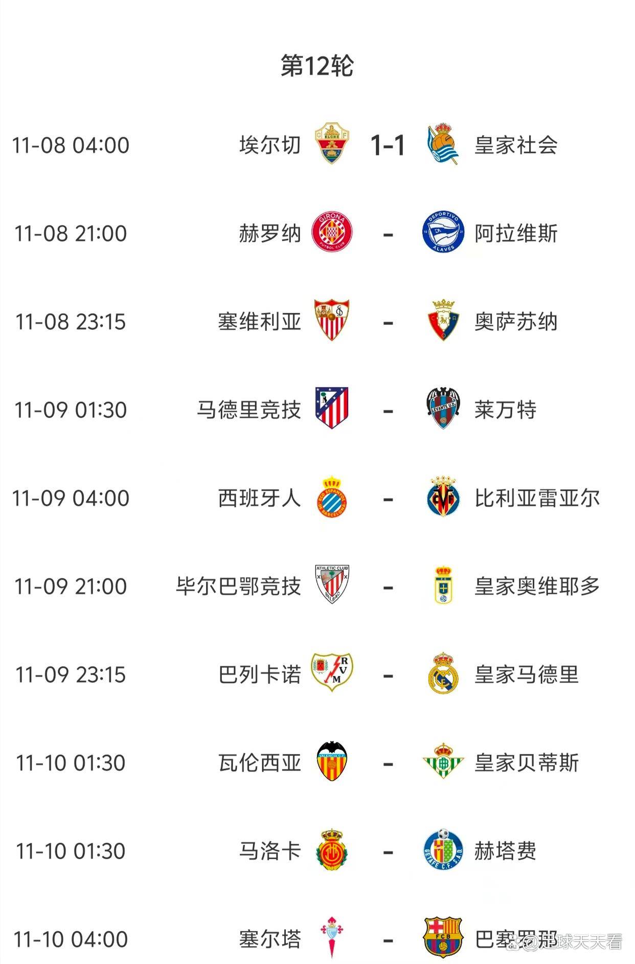 “西甲第12轮今晚开打赛西班牙足球甲级联赛