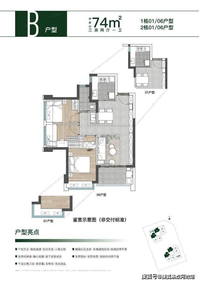 戶型是77﹐的產品,朝南和朝東為主,戶型格局非常方正,廚房有l型操作檯