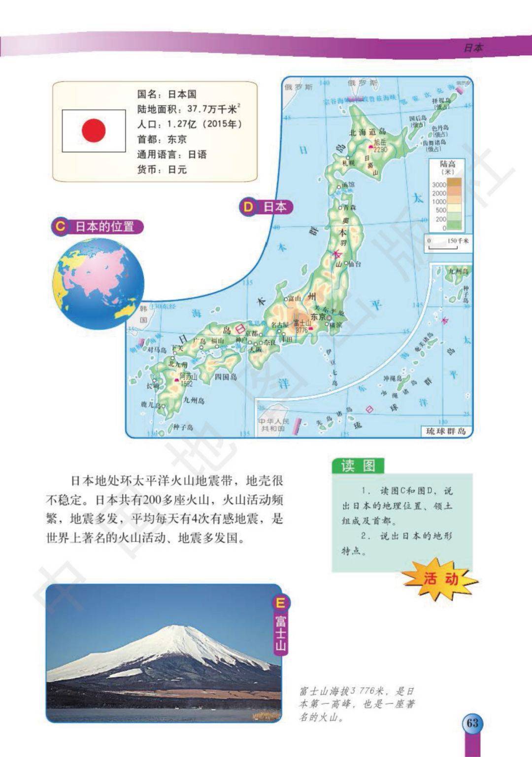 初中地理日本地图图片