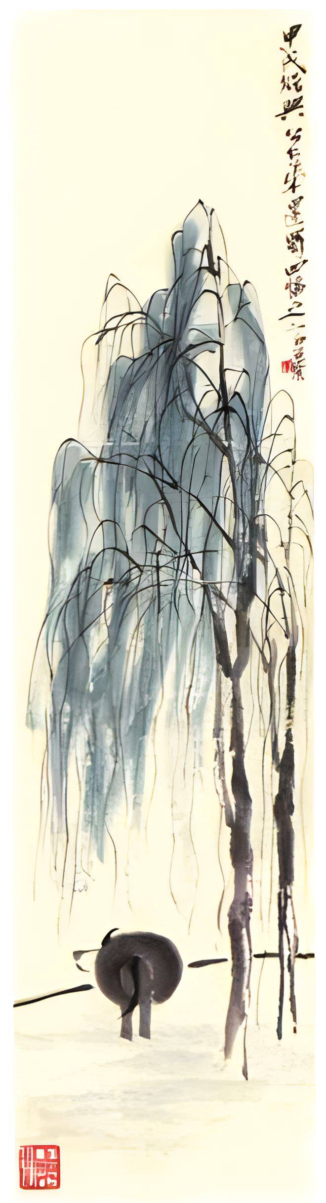 如何鉴定余中英藏齐白石柳牛图,齐白石传人汤发周说,看柳树画法_书画