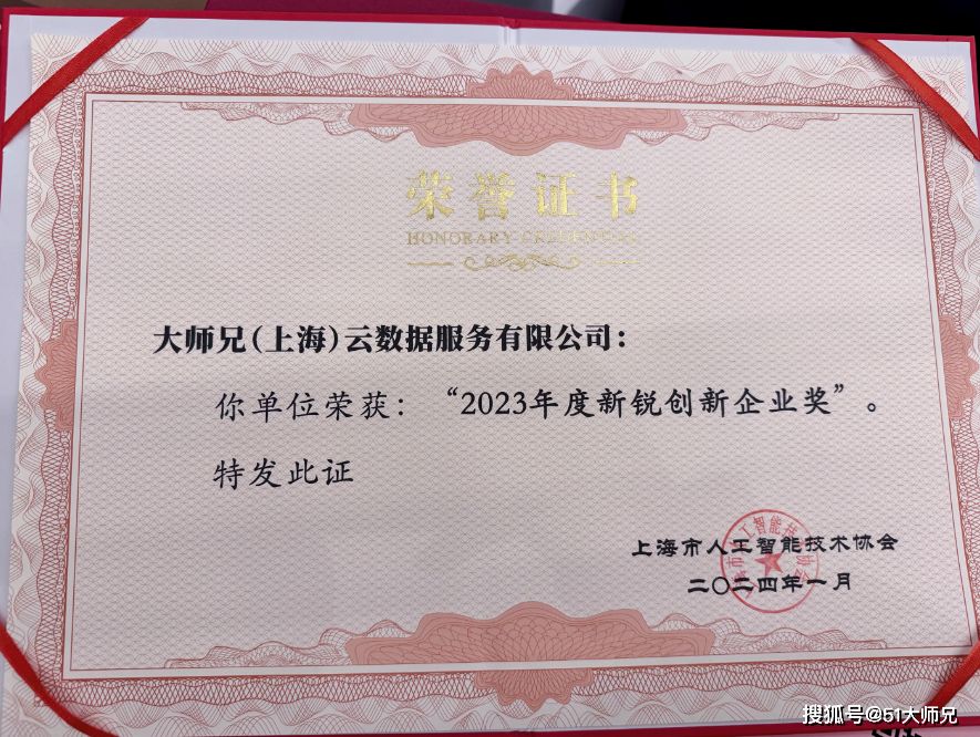 大师兄喜获上海市人工智能协会"2023年度新锐创新企业奖"_平台_数据