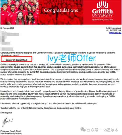 截图来自学生格里菲斯大学录取offer截图来自学生格里菲斯大学录取