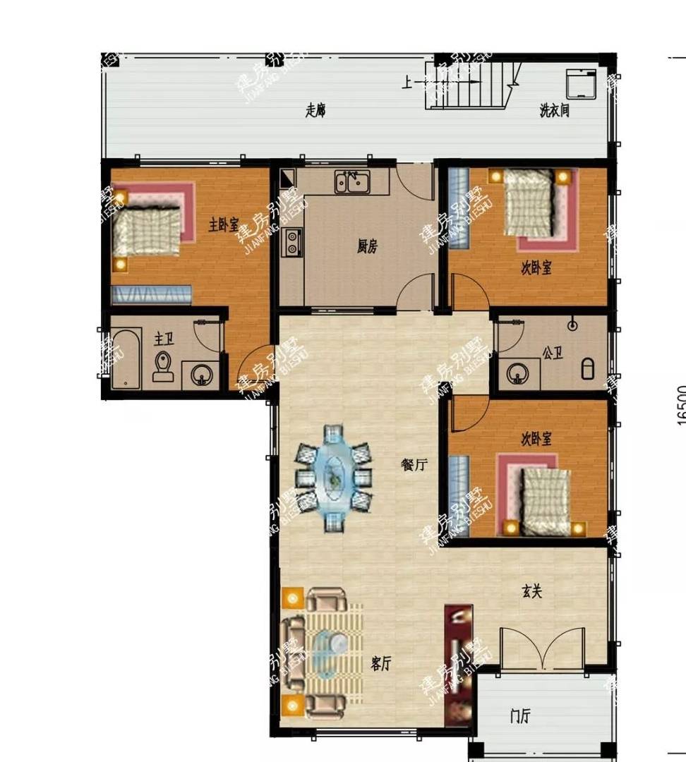 三层平面图:与二层的布局大致一致,同样是套房设计,有厨房有餐厅.