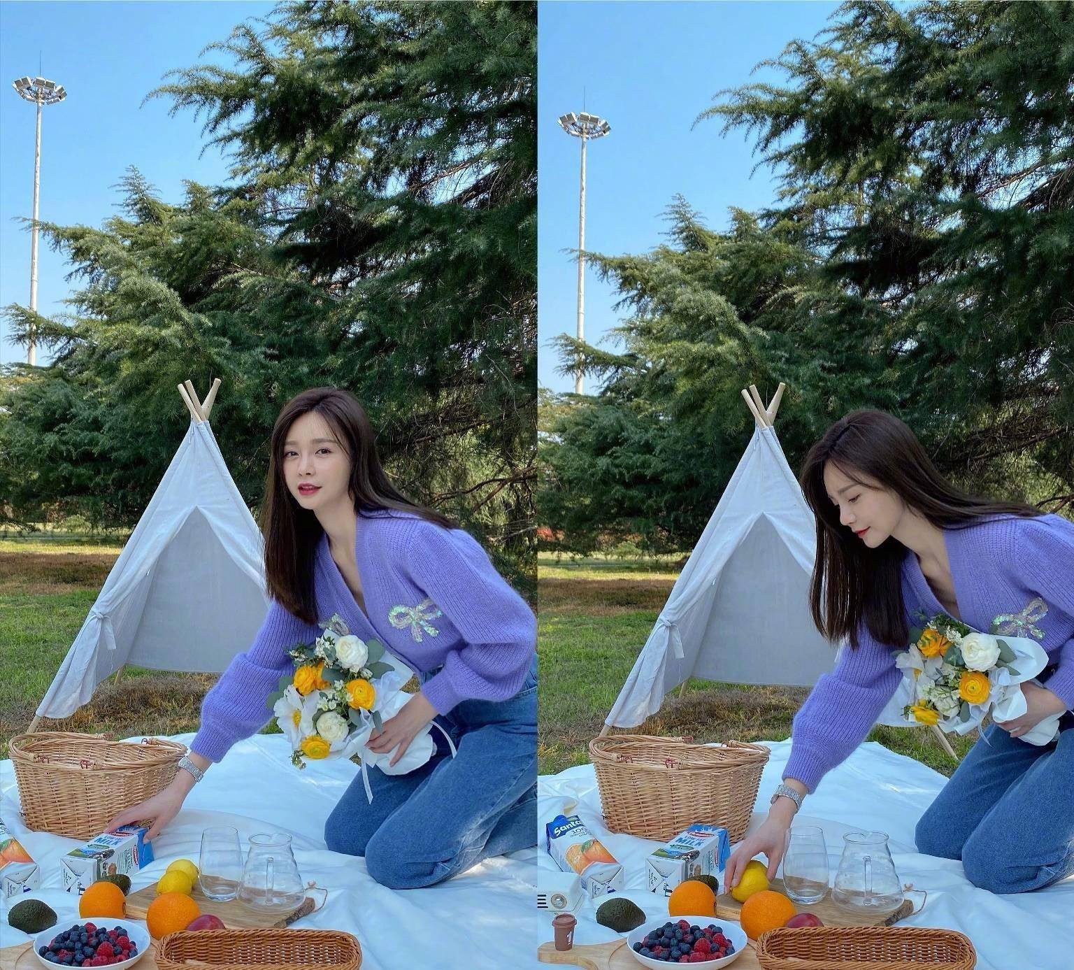 原创沈梦辰晒春游照薰衣草紫针织衫搭牛仔裤清新甜美30岁像18岁