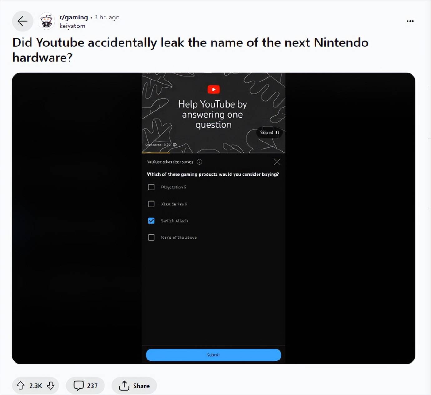 任天堂新机名为switchattach油管问卷出现该名称