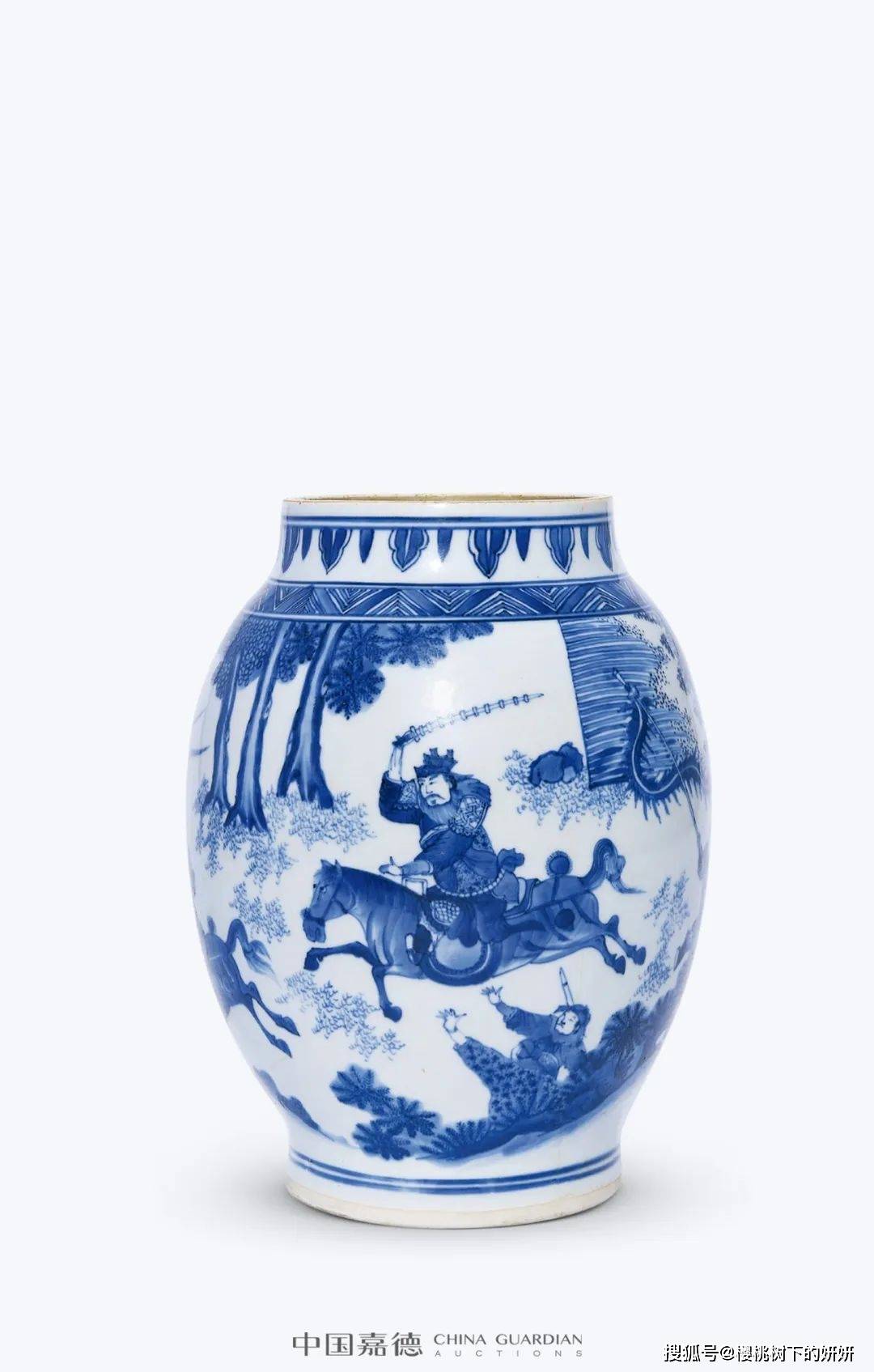 5明崇祯 青花水浒传之呼延灼战扈三娘人物故事图莲子罐lot 1196张仙为