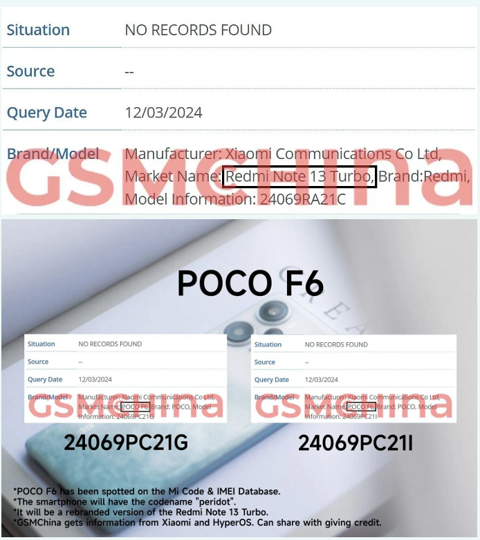 信息显示,redmi note 13 turbo机型名为24069ra21c,而poco f6机型名是