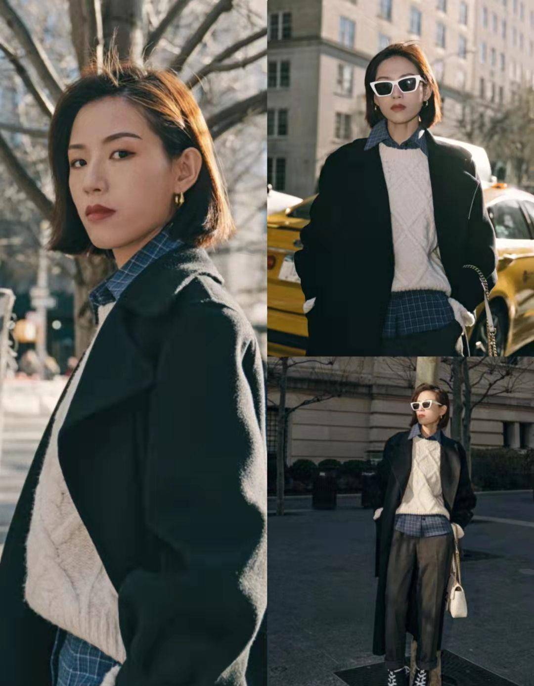 原创冬季黑色大衣怎么叠穿照着她们这样穿时尚不单调简约又大方