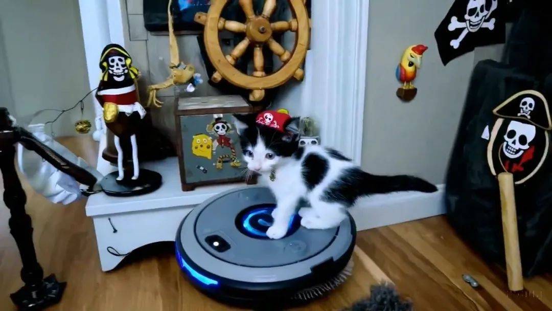 海盗打扮的可爱小猫骑着机器人吸尘器在家