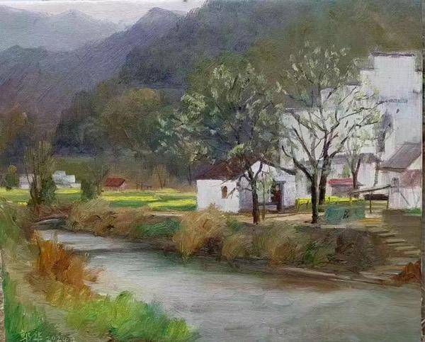 春归有期 花醉婺源——郭华风景油画写生作品_cm_油菜花_樟树