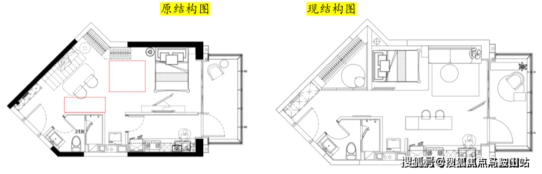 所以我们可以看下这个改良后的54平米的一房产品,室内拆除了所有墙体