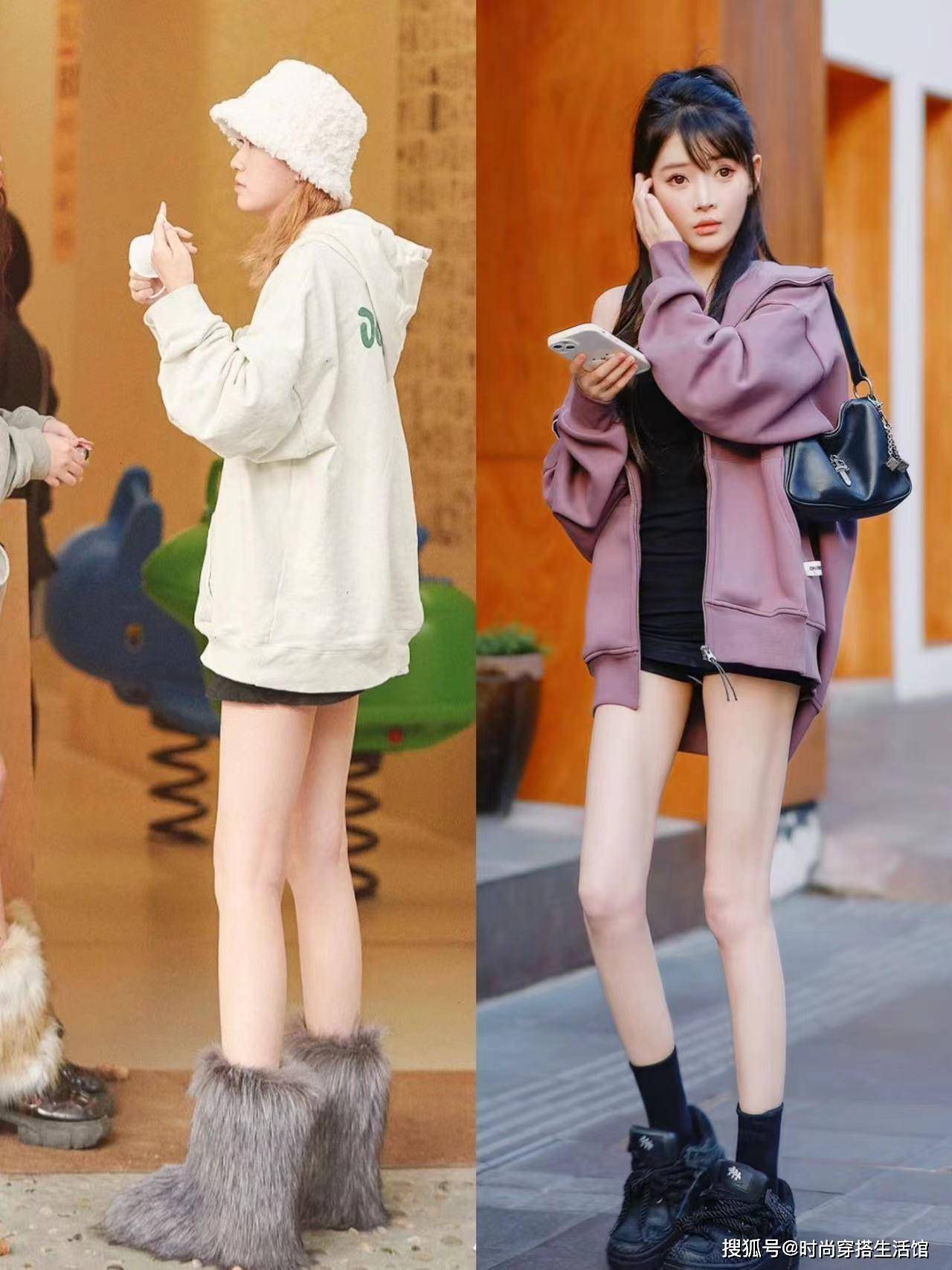 可以用超短裙或超短裤去搭配宽松卫衣,上长下短的搭配也可以很好地