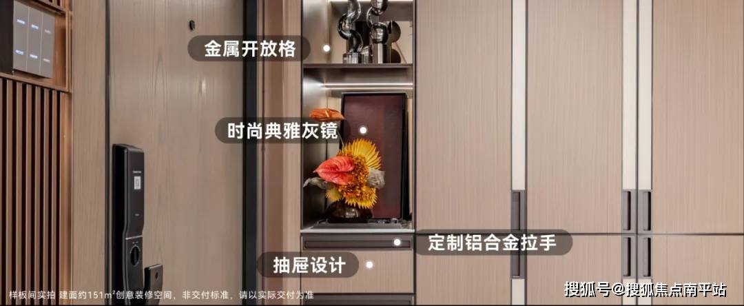 约30°阻尼铰链柜门,金属开放格,抽屉设计,定制铝合金拉手,灰镜,活动