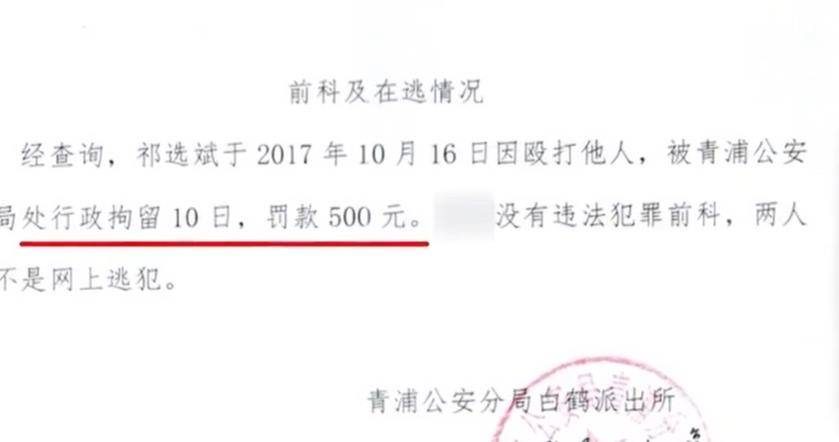 祁选斌因为殴打他人被行政拘留10日,罚款500元.