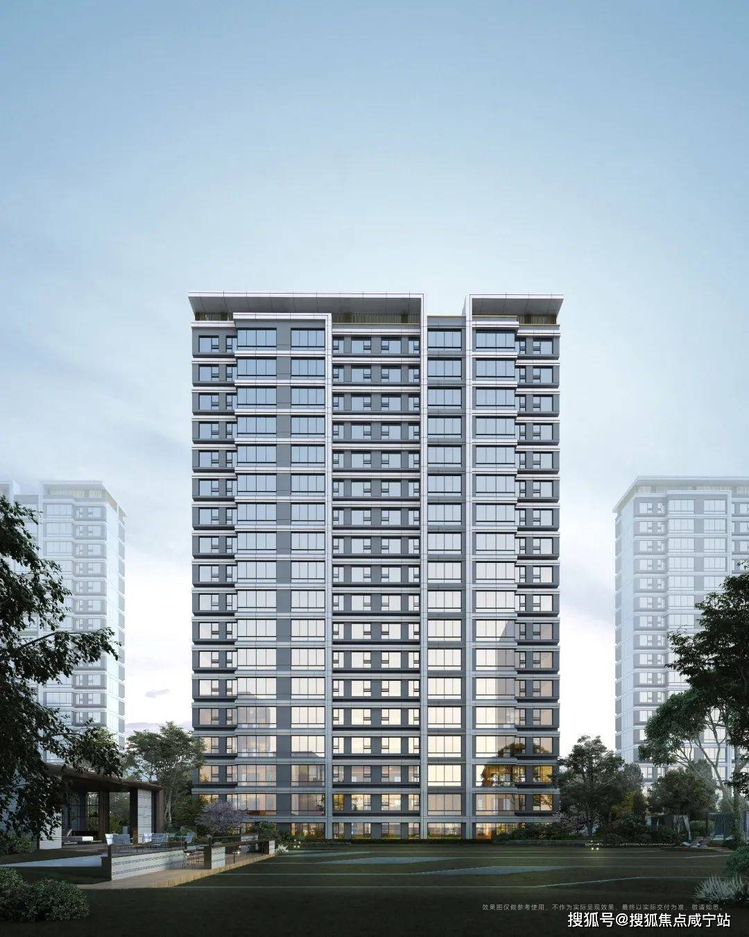 建筑布局以围合式空间手法,将每栋楼错落有致的排布,保证最大超70米的