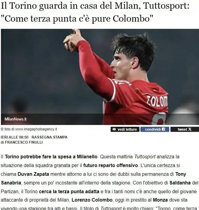 意甲媒体透露都灵俱乐部希望赛季结束后引进米兰年轻前锋科隆博