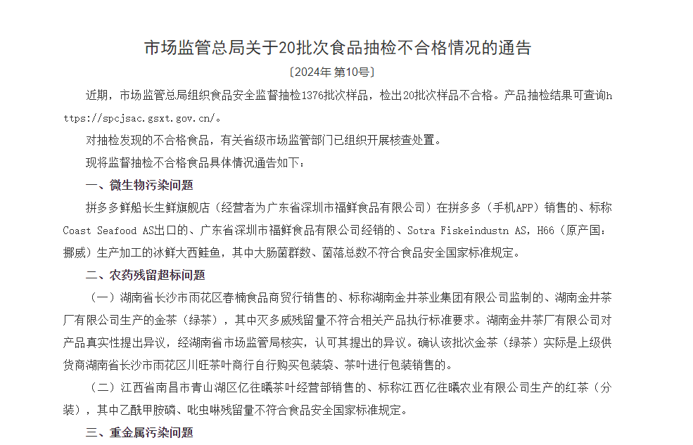 国家市场监管总局通报20批次抽检不合格食品济南斯伯特生物科技公司