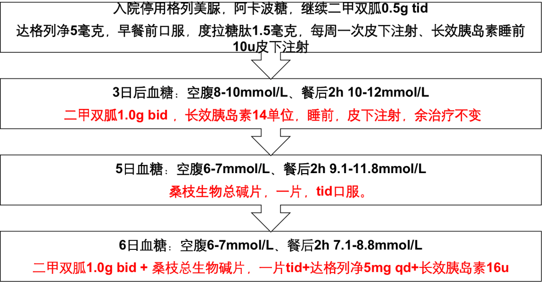 治疗方案调整原方案格列美脲4mg qd阿卡波糖50mg tid二甲双胍0.