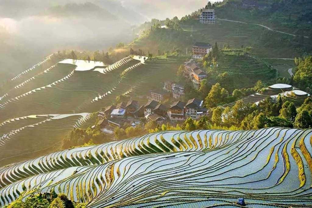 春季龙脊梯田灌水泡田,田心村状元桥,相公山,漓江渔火翠竹山影,阳朔