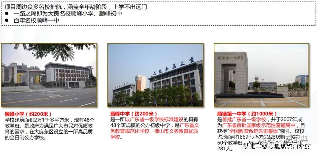 顺峰小学和顺峰初级中学,附近还有大良实验小学,顺德第一中学,李兆基