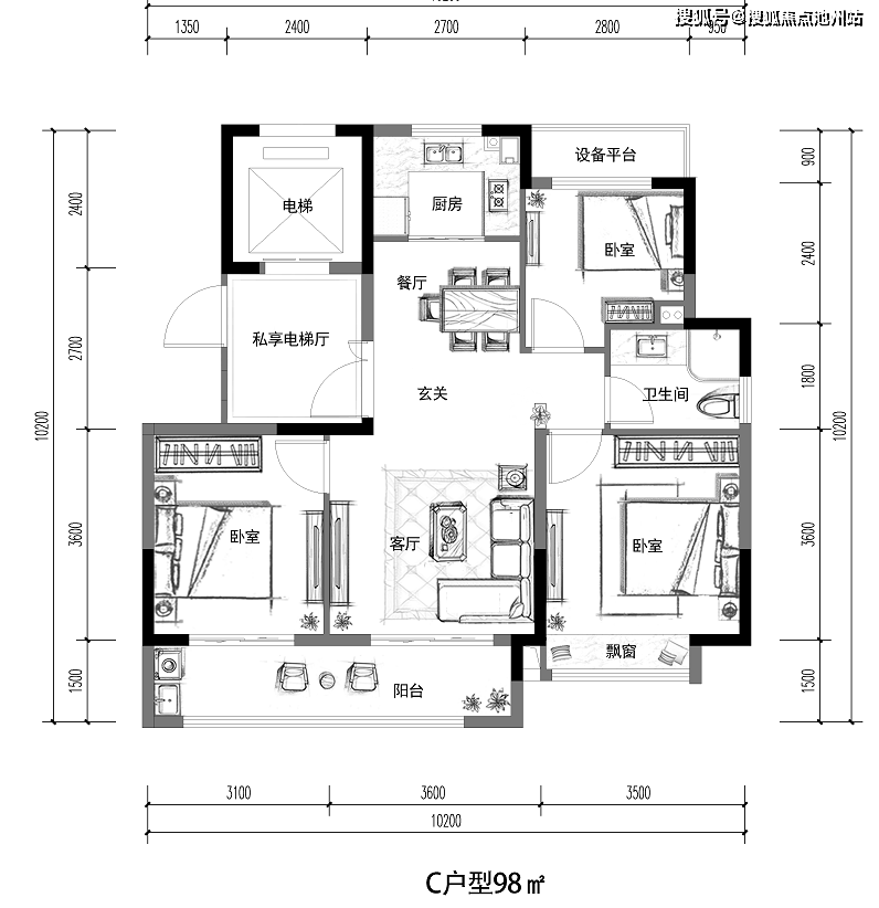 c户型98㎡改造前当然,面对时下的风潮,可能有些人对只有一个卫生间略