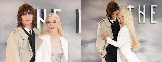 安雅泰勒乔伊身穿纯白透纱礼服,变身冰雪女王紧牵男友出场