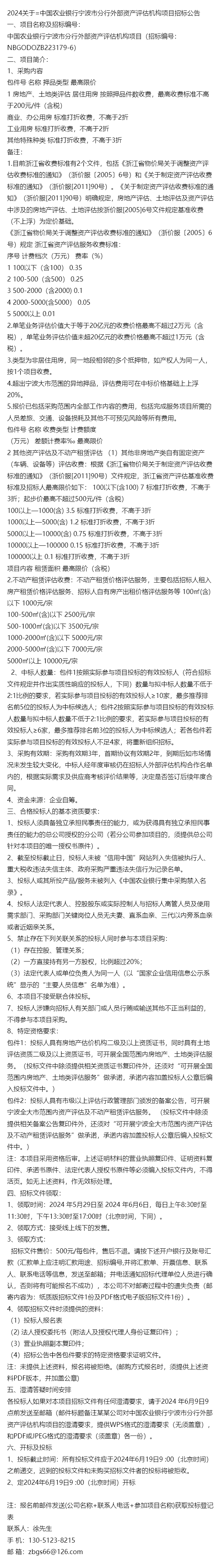 2024关于=中国农业银行宁波市分行外部资产评估机构项目招标公告