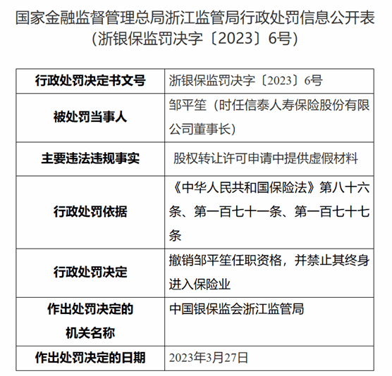 而信泰人寿时任董事长邹平笙,也因为其在"股权转让许可申请中提供虚假