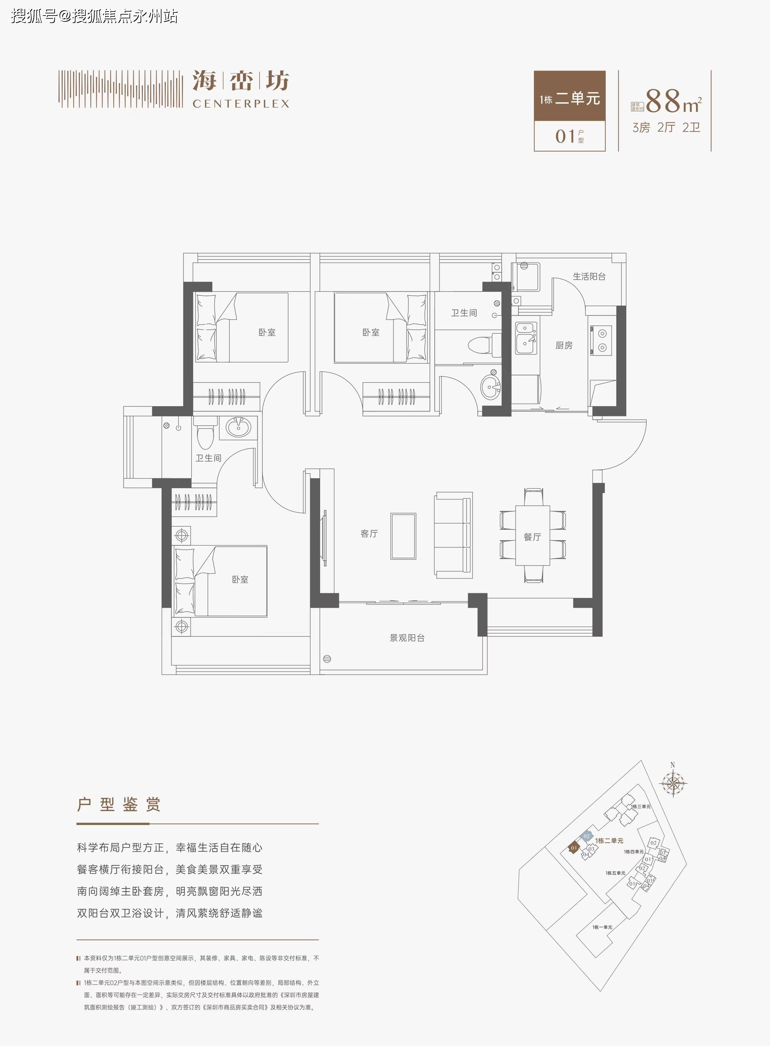 88㎡的3房2厅2卫(1栋2单元01户型,设计的是横厅南北通透格局,进门