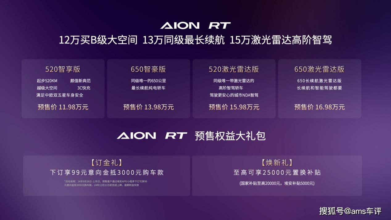 高颜值/高阶智驾，AION RT开启预售，11.98万元起