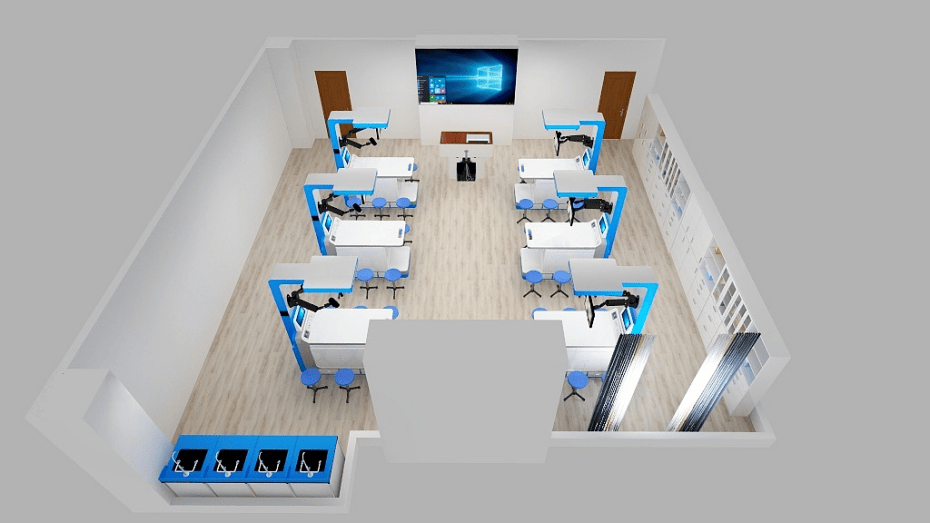 2-附1)实验室三维效果图一:实验室规模:每个实验室安排6~8组实验小组