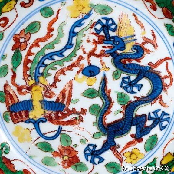 瓷】 ☆ 瓷器 青花五彩龍鳳紋賞盤 ☆ 明治期 鳳凰 行龍 手描文様 明清