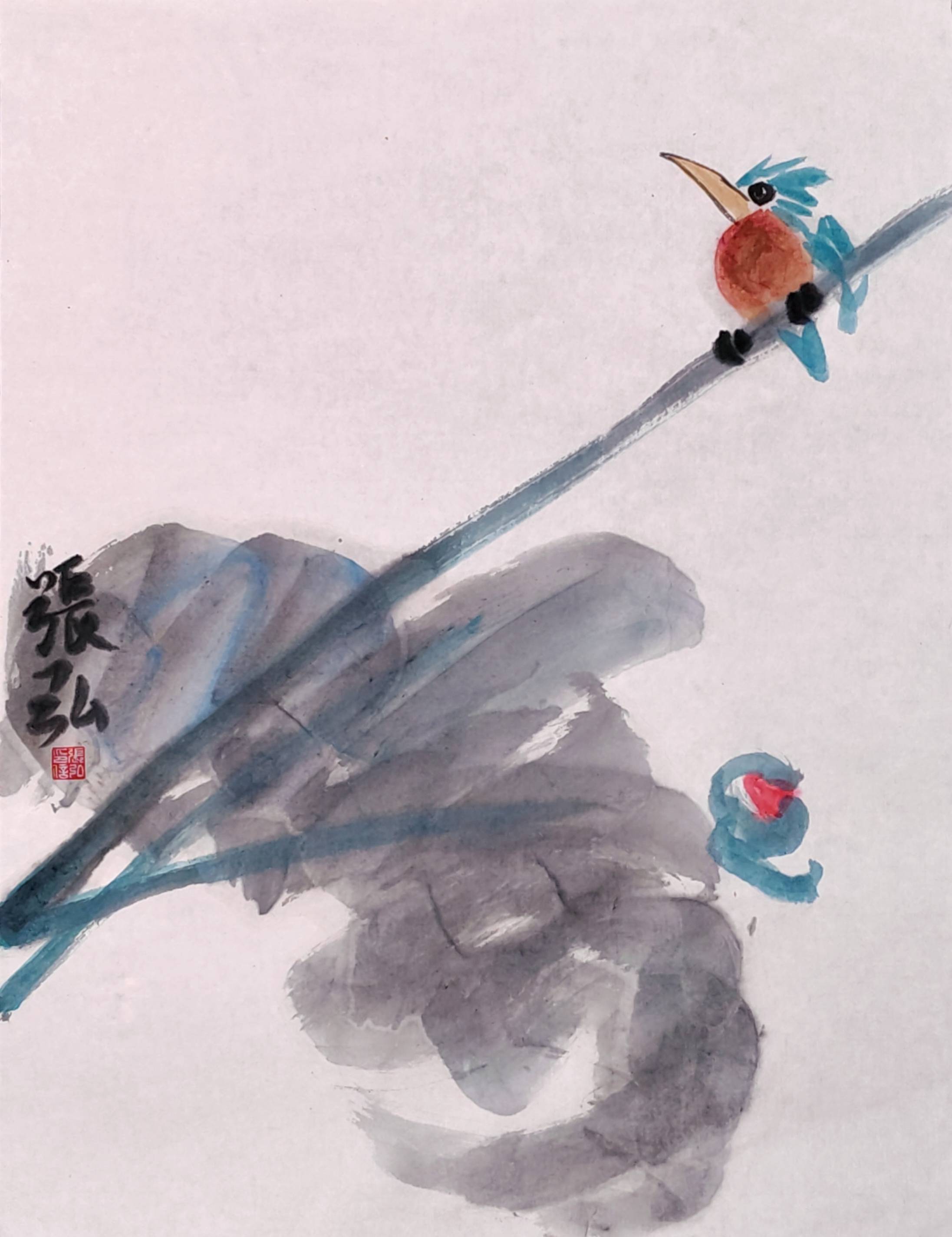 大写意荷花小鸟