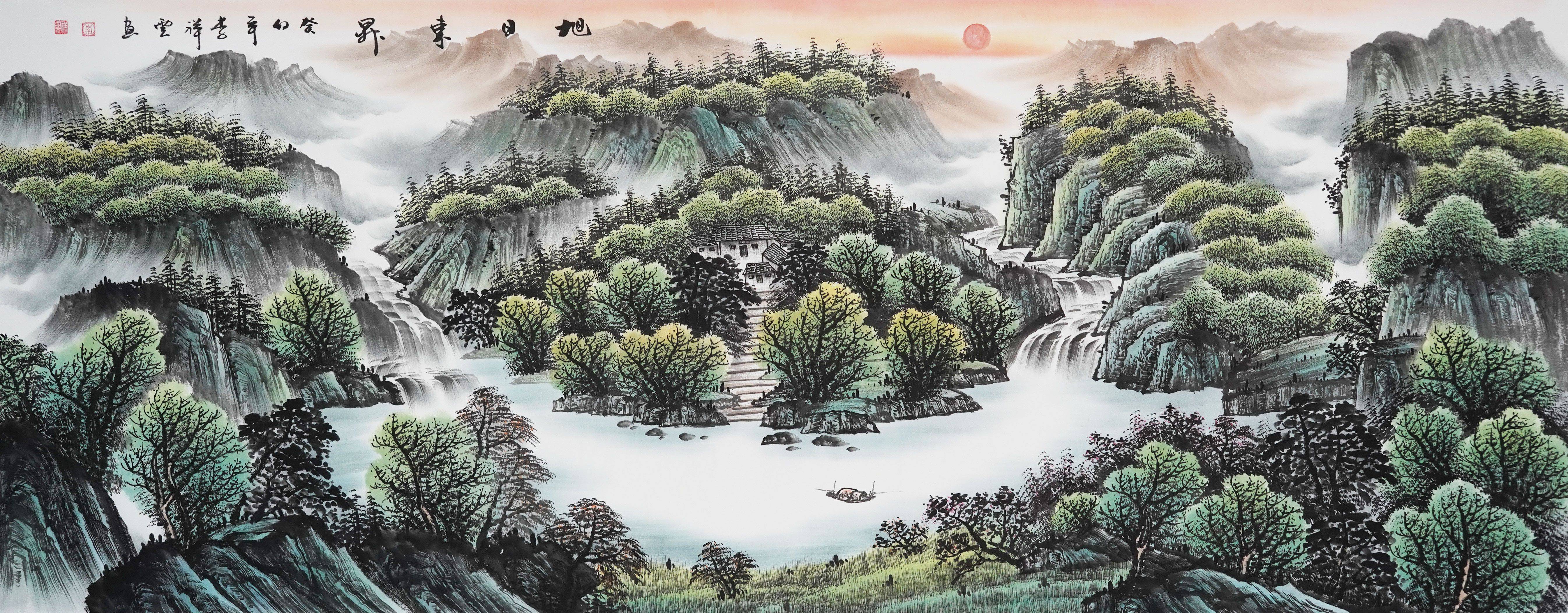 而当代画家李祥云的《旭日东升》山水画,不仅画面恢弘壮丽,更巧妙融入
