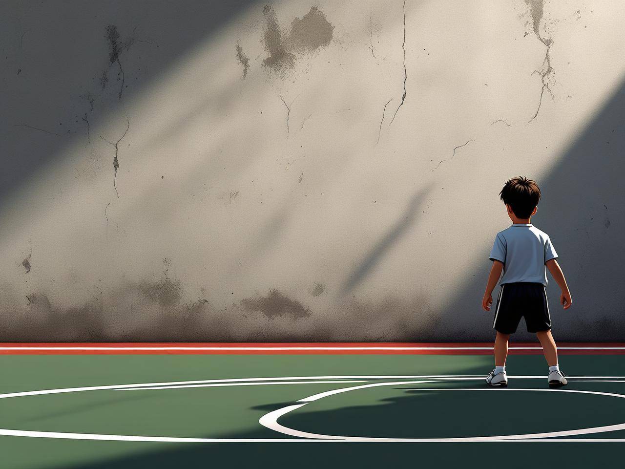 瘦小少年在空旷球场独自练球的背影,足球在墙面留下斑驳痕迹"传球给