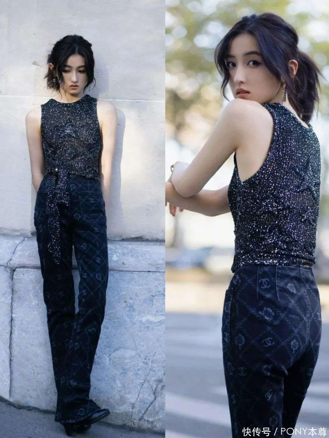 张子枫的穿搭中,黑色或灰色的t恤搭配高腰直筒裤,简单的搭配,往往带有