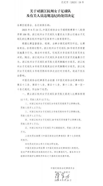 多人被禁赛、罚款！中国足协重罚“女足赛场冲突”