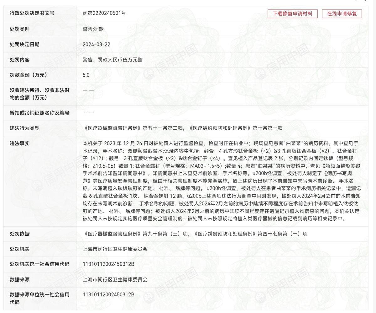 吸脂失败到轮廓手术纠纷:上海韩镜医美的诸多投诉与监管处罚(图3)