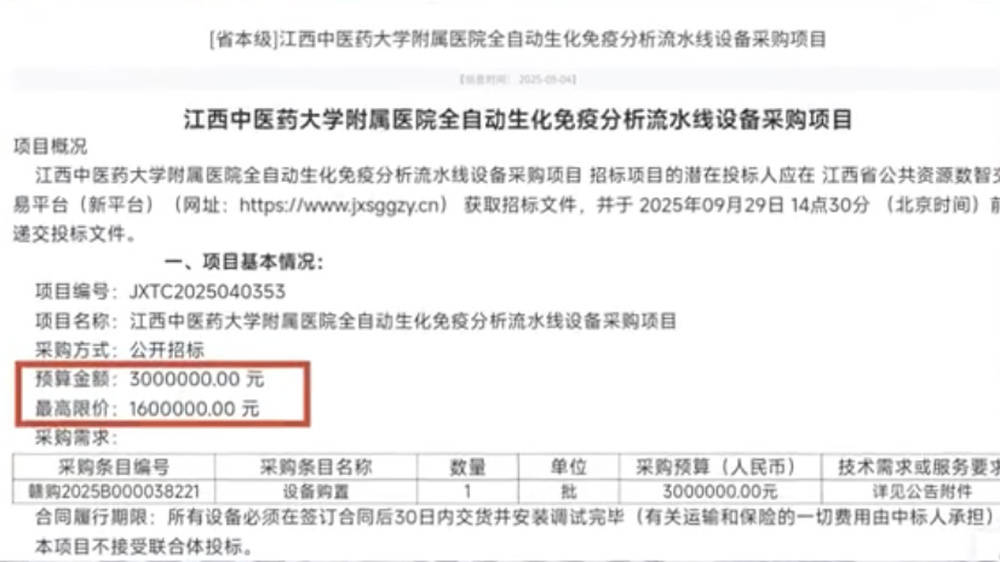 医院采购项目300万元预算1000元中标?江西中医药大学通报(图1)