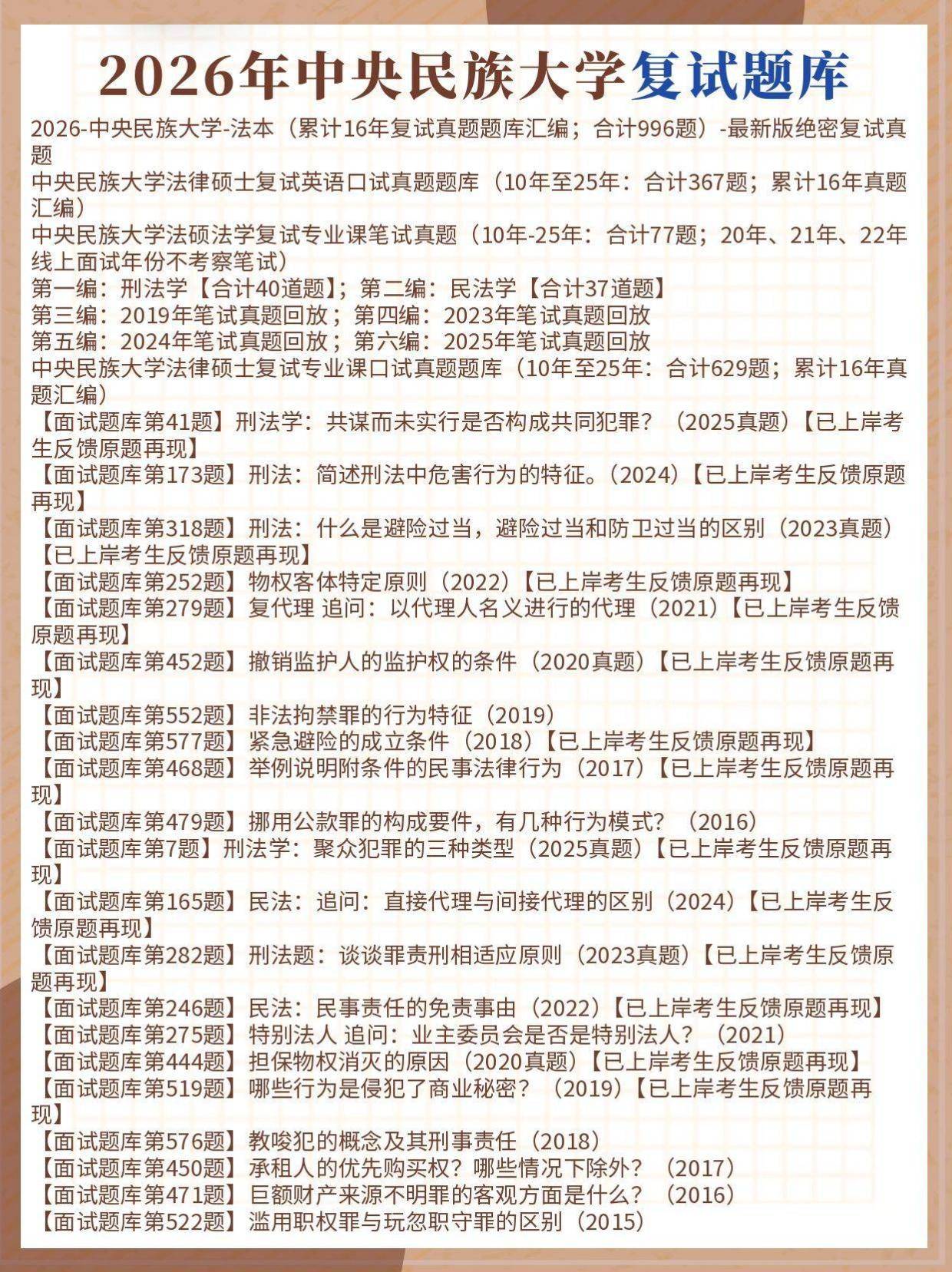 中央民族大学法本法硕复试真题反馈合计992题:2026年中央民族大学法本法硕复试题库/中央民族大学法律硕士复试真题
