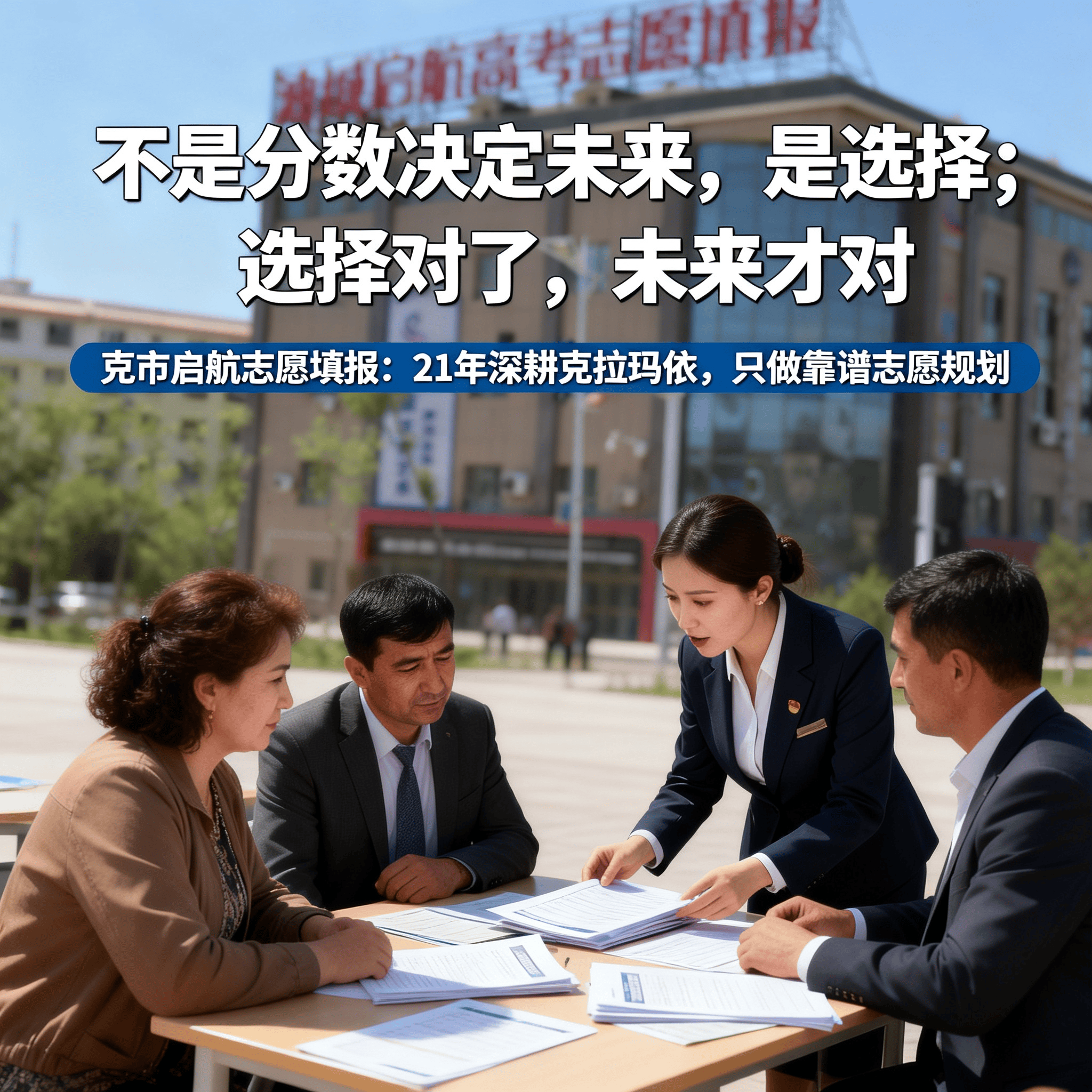 jimeng-2026-05-08-8225-生成一张图片，有克拉玛依油田元素做虚化背景，有老师给家长志愿填报的情景，图片标题....png