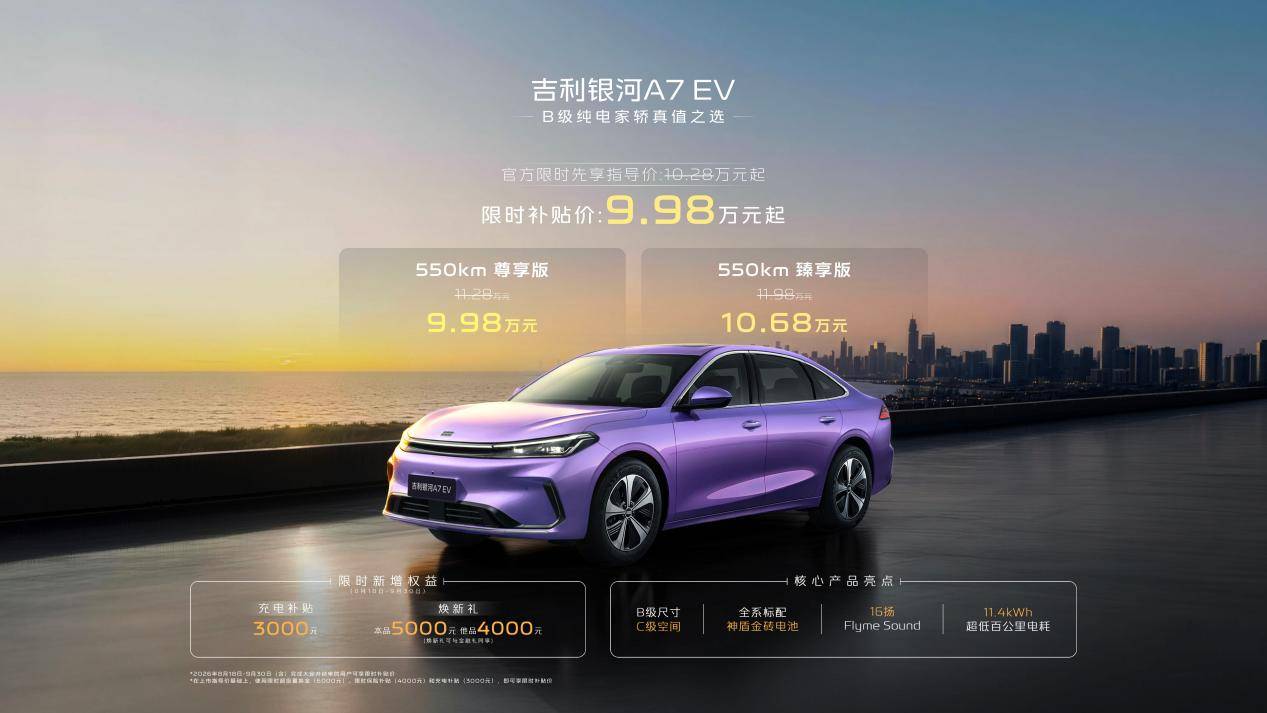 充电补贴+置换补贴+0息金融，吉利银河A7 EV限时权益9.98万起