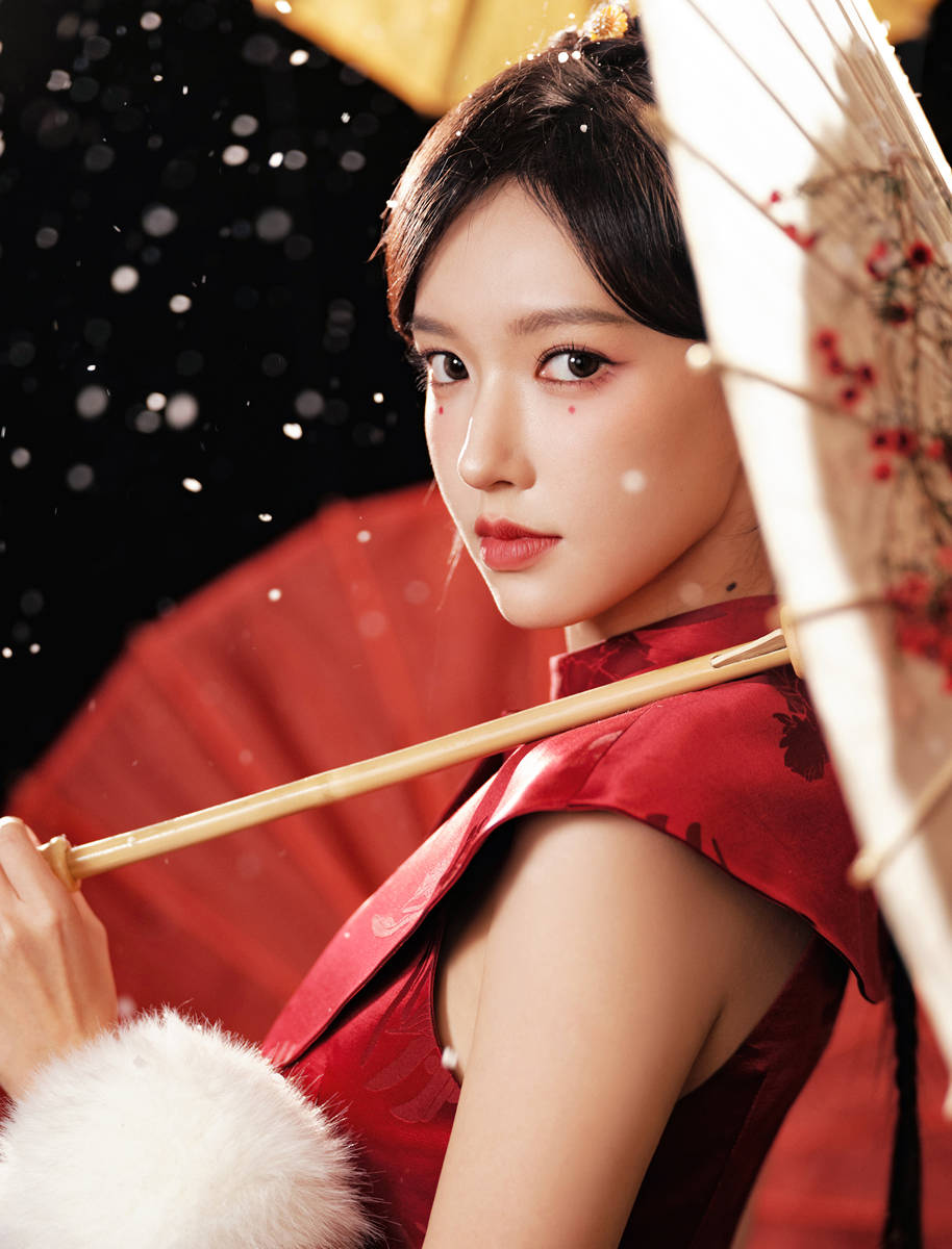 程潇穿新中式旗袍撑伞回眸 红衣耀眼气质又甜又辣