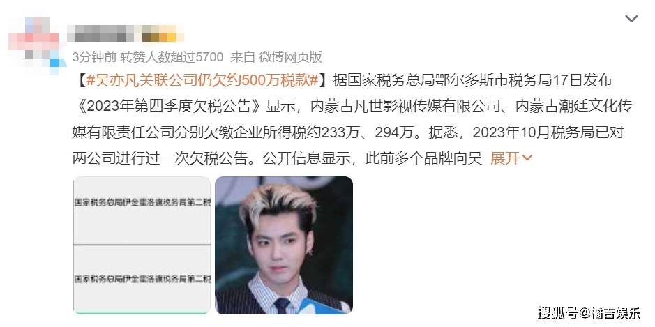 吳亦凡關聯公司仍欠約500萬稅款 都美竹也成為了網友