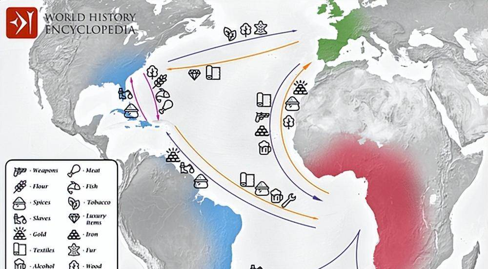 跨大西洋三角貿易地圖大西洋奴隸貿易從 16 世紀中葉開始,由於巴西