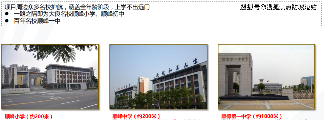 顺峰小学和顺峰初级中学,附近还有大良实验小学,顺德第一中学,李兆基