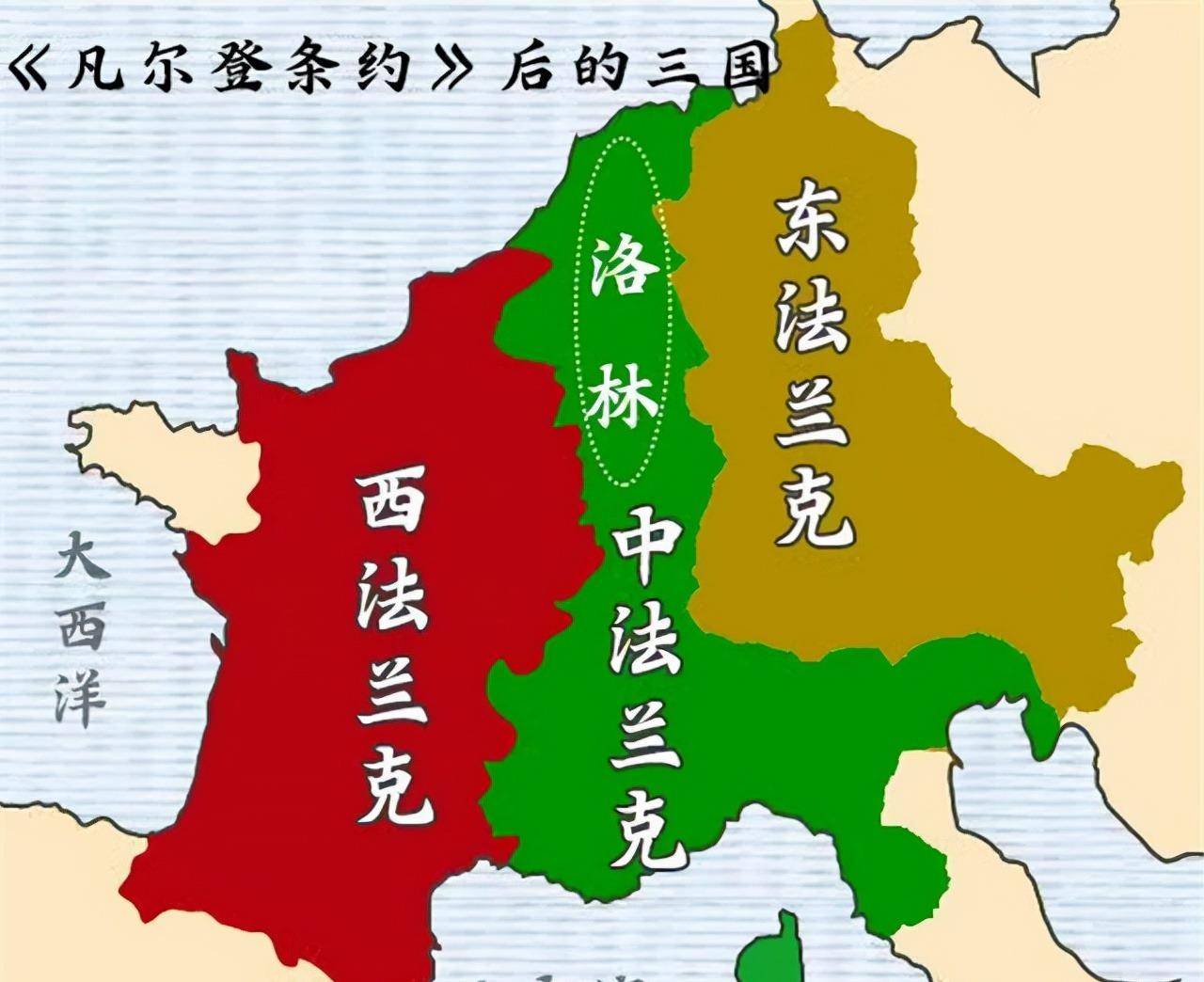 西法兰克王国演变为法兰西前身,中法兰克王国成为意大利的始祖,东