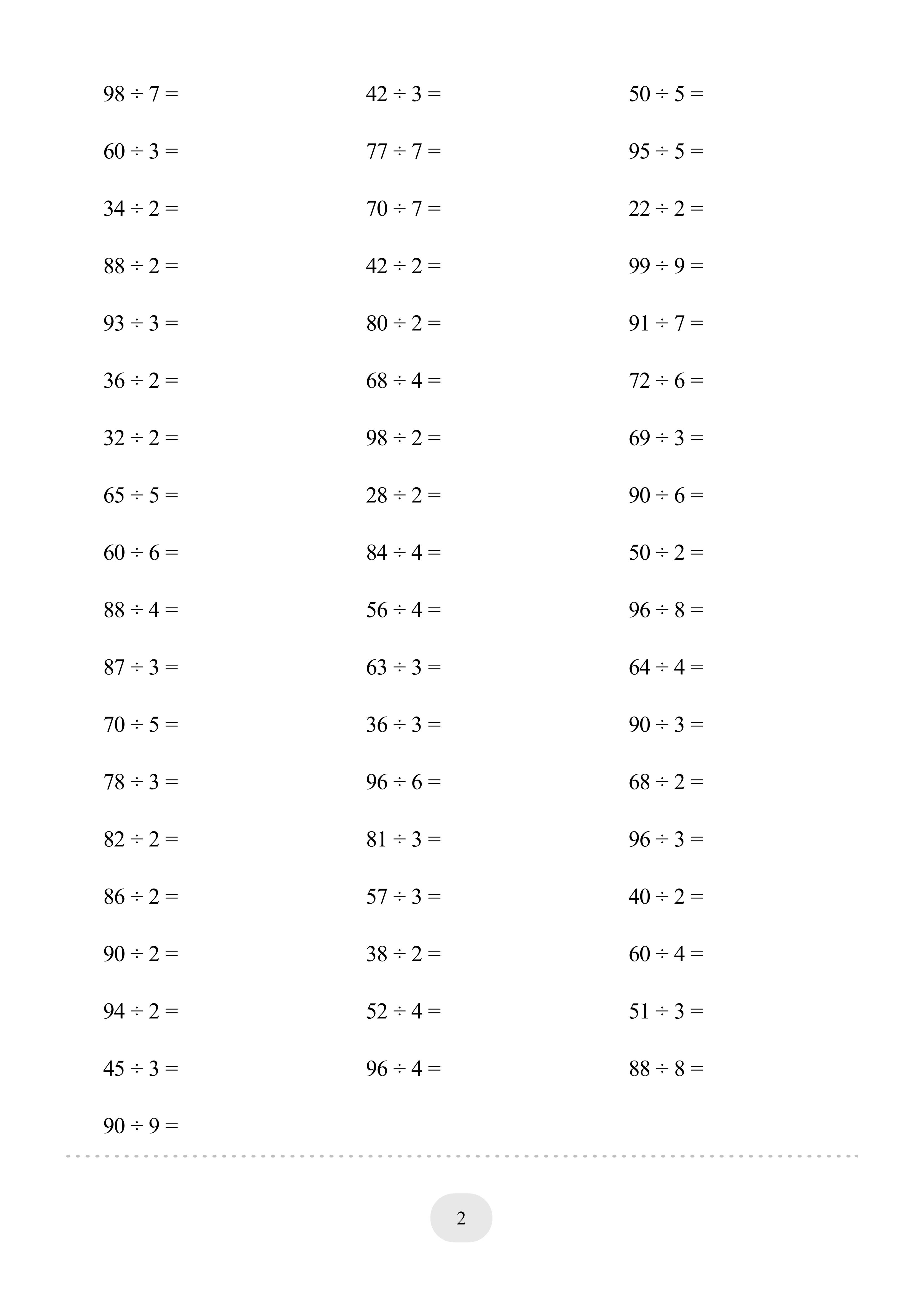 3年级下册口算题(两位数除以一位数 2000题