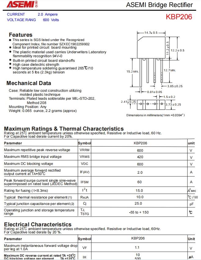 kbp206asemi开关电源专用kbp206